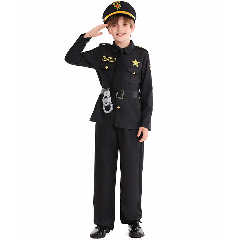 Halloween Kids Costume Black Police Officer Role Play Party Festival Performance Outfit for Boys