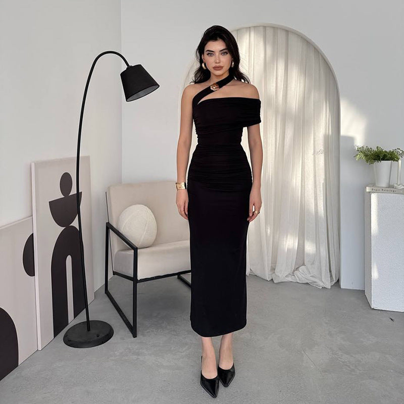 Slanted Shoulder Waist Dress for Women