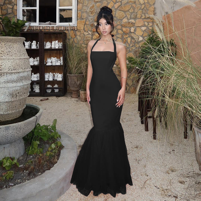 Hanging neck fish tail patchwork dress