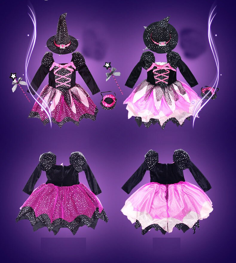 Girl Child LED Glow Light Witch Costume Cosplay Glowing Dress Carnival Birthday Party Gift Wizard Hat Halloween Costume for Kids