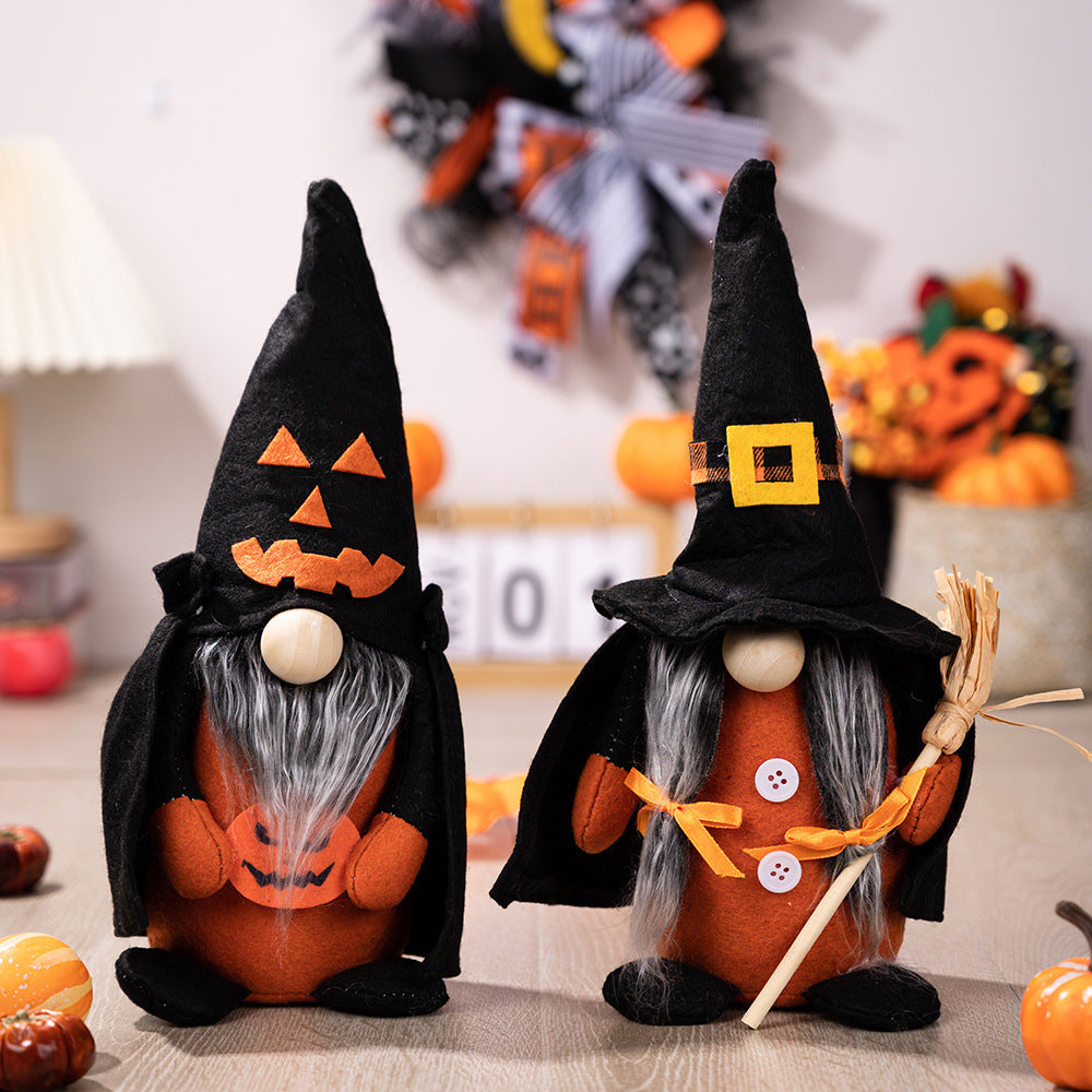 Halloween decoration with pumpkin broom, pointed hat, witch's home, Halloween faceless doll, dwarf ornament
