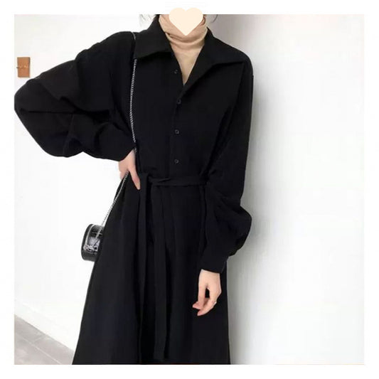 Elegant Style Fitted Long Dress, Black Long Sleeve Shirt Dress for Women