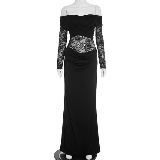 Solid Long Sleeve Off-the-Shoulder Dress with Lace Detail