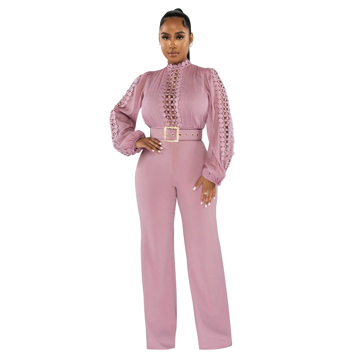 Solid Color Long Sleeve Belted Ruffle Cut-out Trousers Jumpsuit