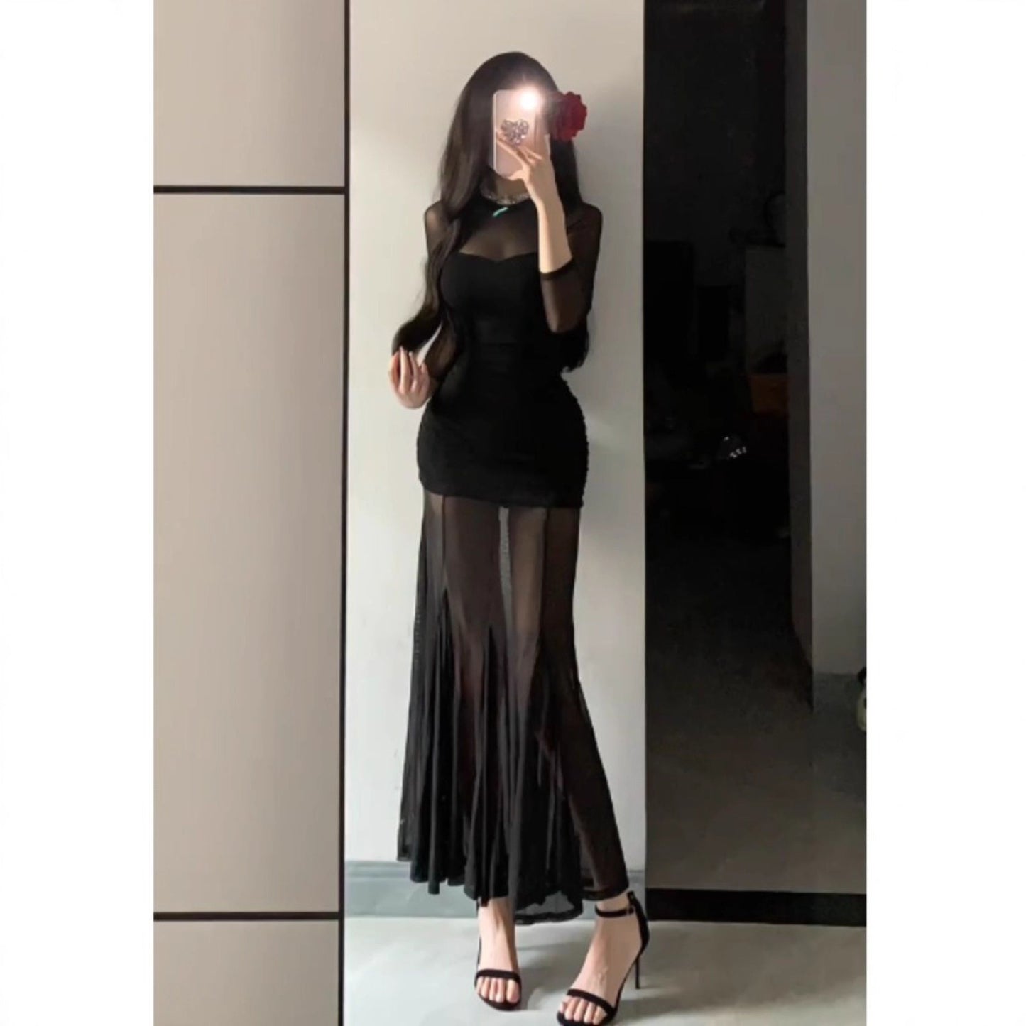 Dress Chic Elegant Woman Style Fish Tail Long Dress for Women, Sexy Mesh Spliced Dress