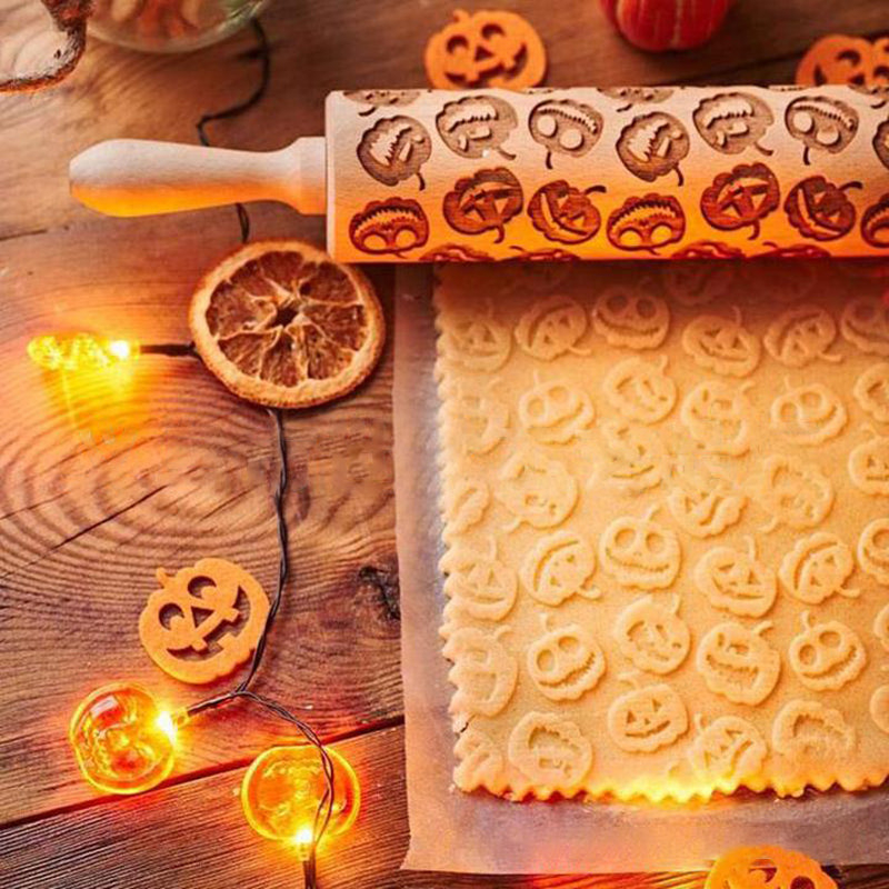 Halloween pumpkin print rolling pin, pumpkin head print rolling pin, Halloween themed wooden carving rolling pin