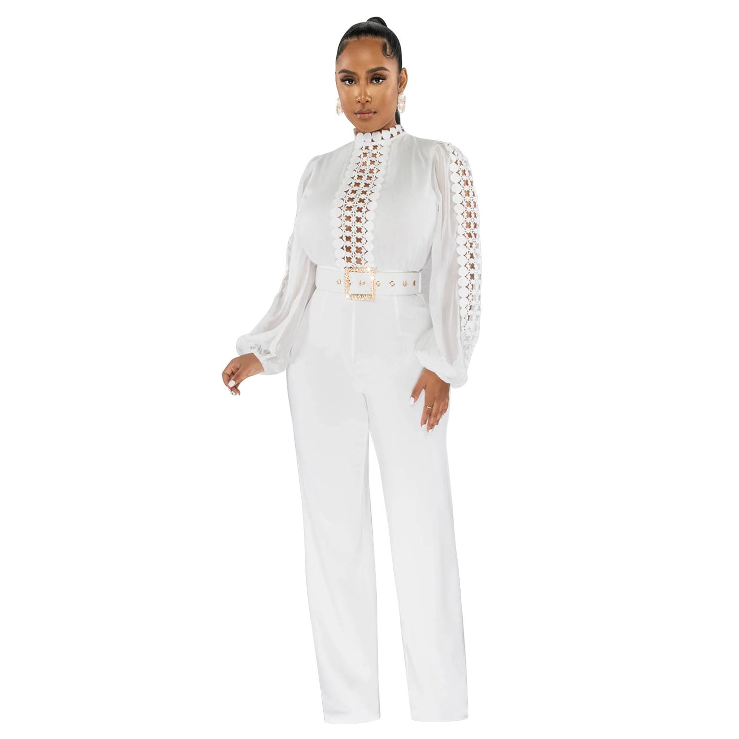 Solid Color Long Sleeve Belted Ruffle Cut-out Trousers Jumpsuit
