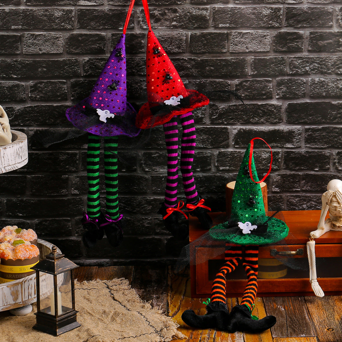 Halloween Witch Hat Window Display Decoration Ghost Festival Bar Party Striped Long Leg Atmosphere Decoration Ornament