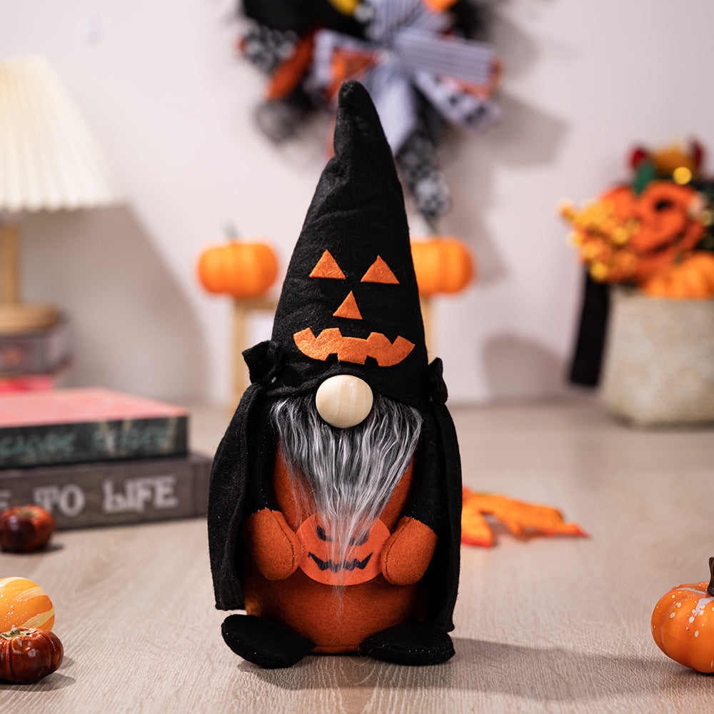 Halloween decoration with pumpkin broom, pointed hat, witch's home, Halloween faceless doll, dwarf ornament