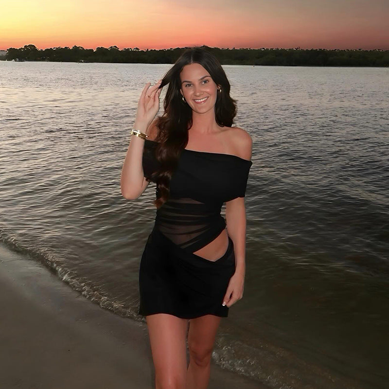 One shoulder mesh wrapped short skirt dress