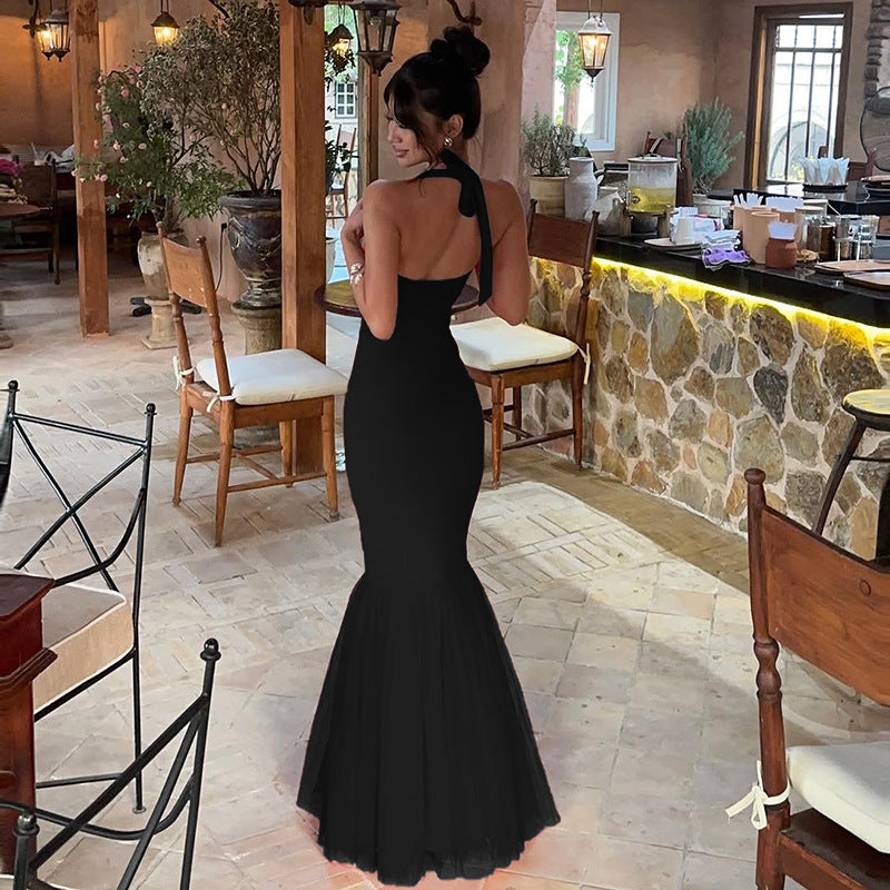 Hanging neck fish tail patchwork dress