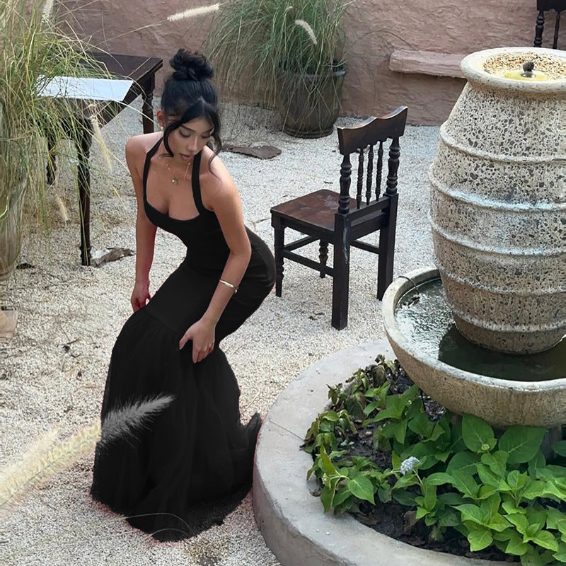 Hanging neck fish tail patchwork dress