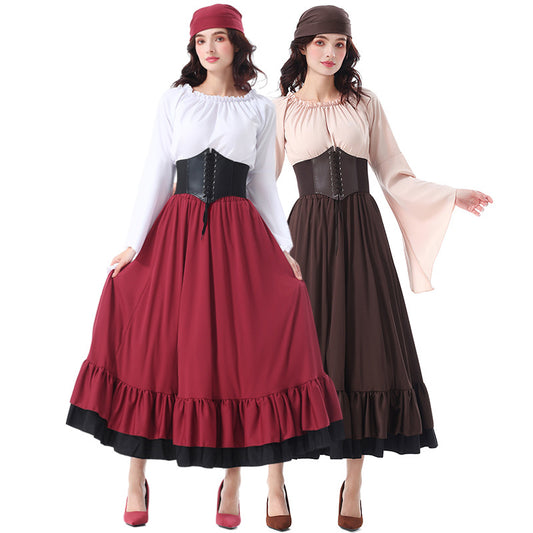 Medieval Ruffled Pirate Gown with Headscarf – Vintage Halloween Outfit