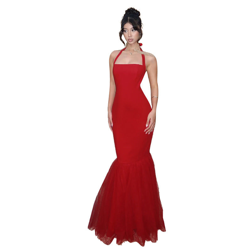 Hanging neck fish tail patchwork dress