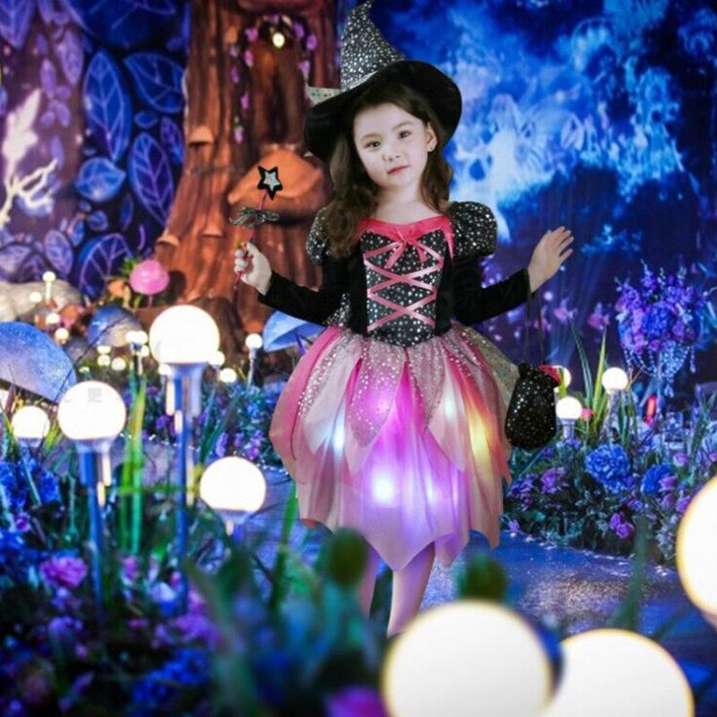 Girl Child LED Glow Light Witch Costume Cosplay Glowing Dress Carnival Birthday Party Gift Wizard Hat Halloween Costume for Kids