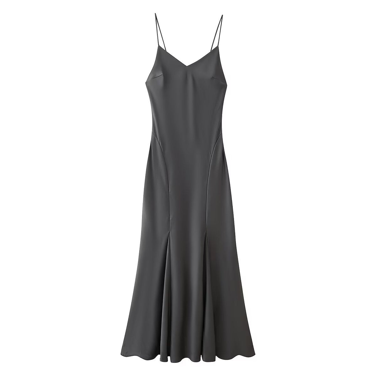 V-neck sleeveless gray suspender long dress for women