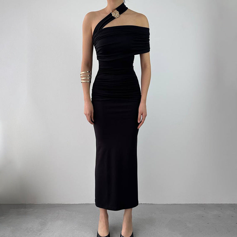 Slanted Shoulder Waist Dress for Women