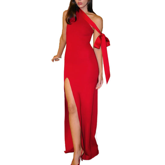 Slant collar party bag hip skirt slit dress for women