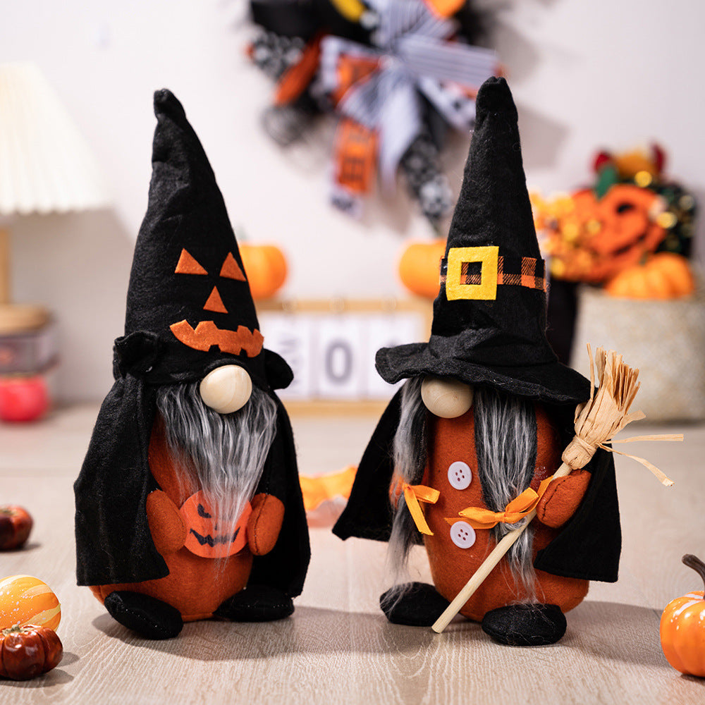 Halloween decoration with pumpkin broom, pointed hat, witch's home, Halloween faceless doll, dwarf ornament