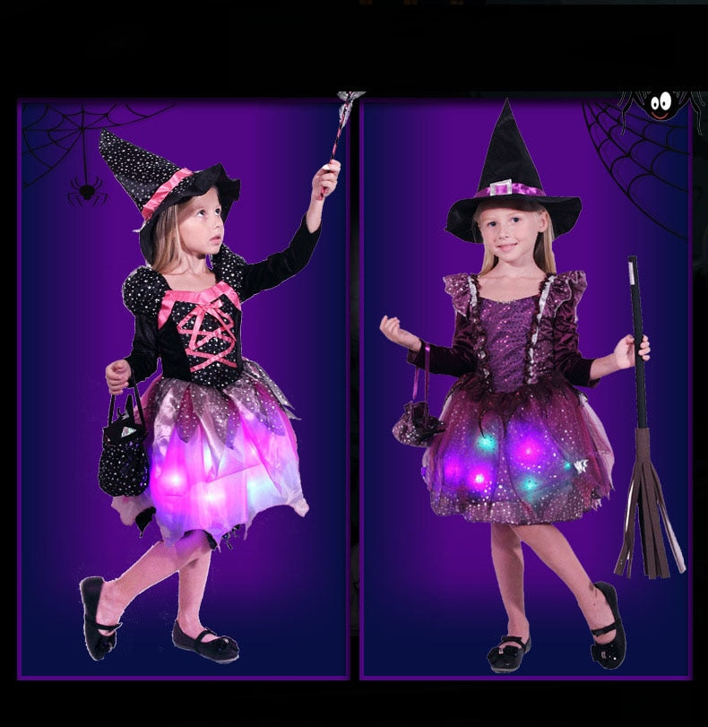 Girl Child LED Glow Light Witch Costume Cosplay Glowing Dress Carnival Birthday Party Gift Wizard Hat Halloween Costume for Kids