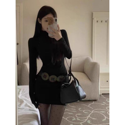 Half High Neck Black Dress for Women,Fitted Mini Dress, Bodycon Style, Slimming Inner Layer Dress