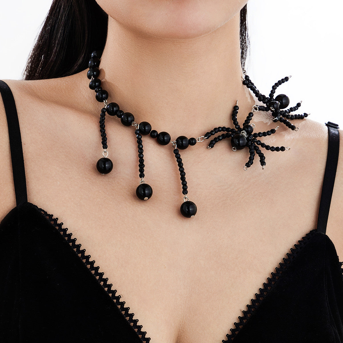 Dark style crystal woven spider necklace Halloween tassel large round bead collarbone chain
