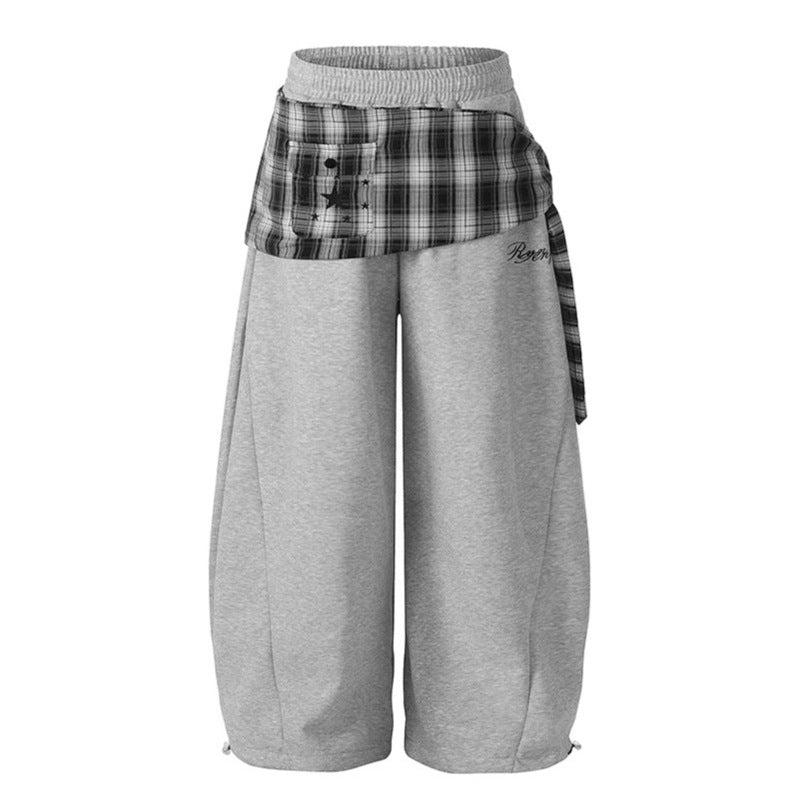 Star Plaid Tie-Waist Dagger Casual Pants Women Loose Dance Wide Leg Pants