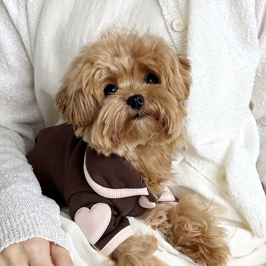 Pet pajamas, plush onesie, Bichon warm vest, heart-print winter dog clothes, two-leg snap-button puppy outfits.