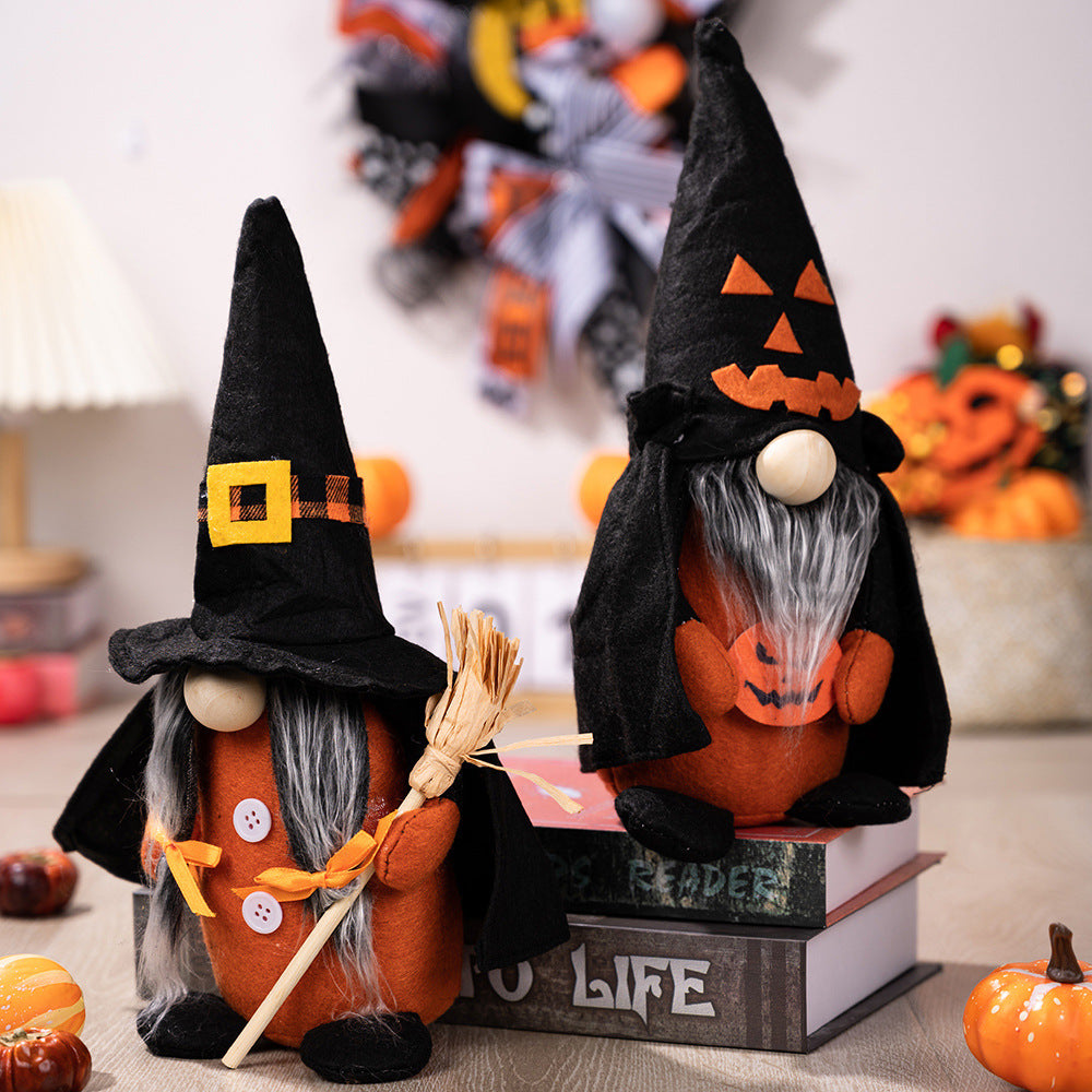 Halloween decoration with pumpkin broom, pointed hat, witch's home, Halloween faceless doll, dwarf ornament