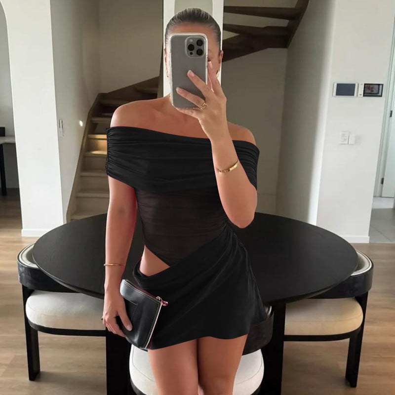 One shoulder mesh wrapped short skirt dress