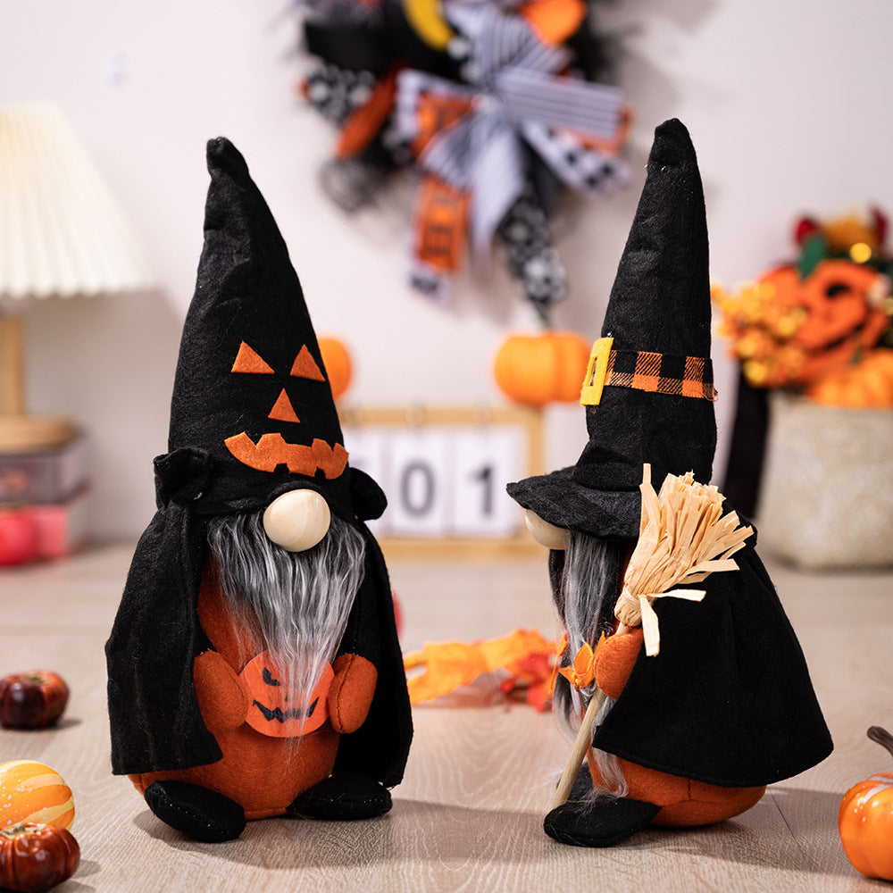 Halloween decoration with pumpkin broom, pointed hat, witch's home, Halloween faceless doll, dwarf ornament