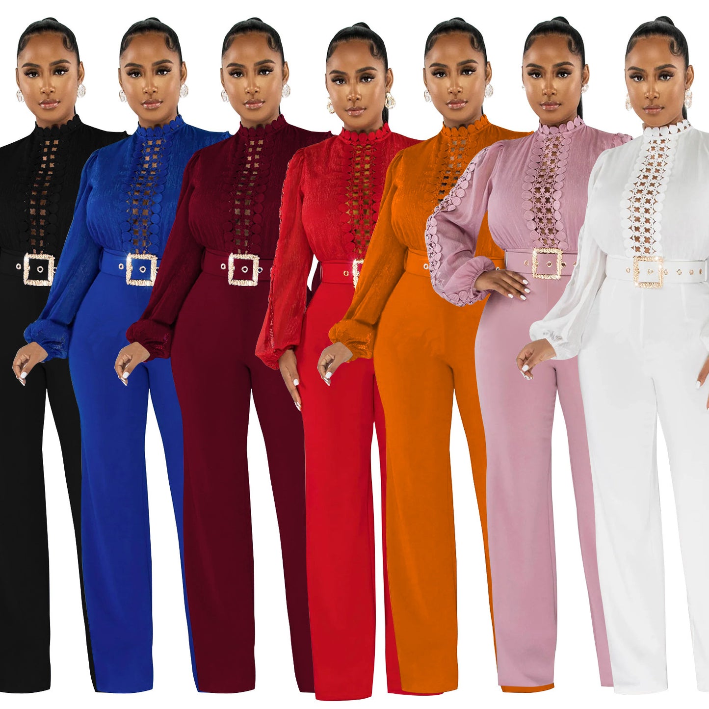Solid Color Long Sleeve Belted Ruffle Cut-out Trousers Jumpsuit