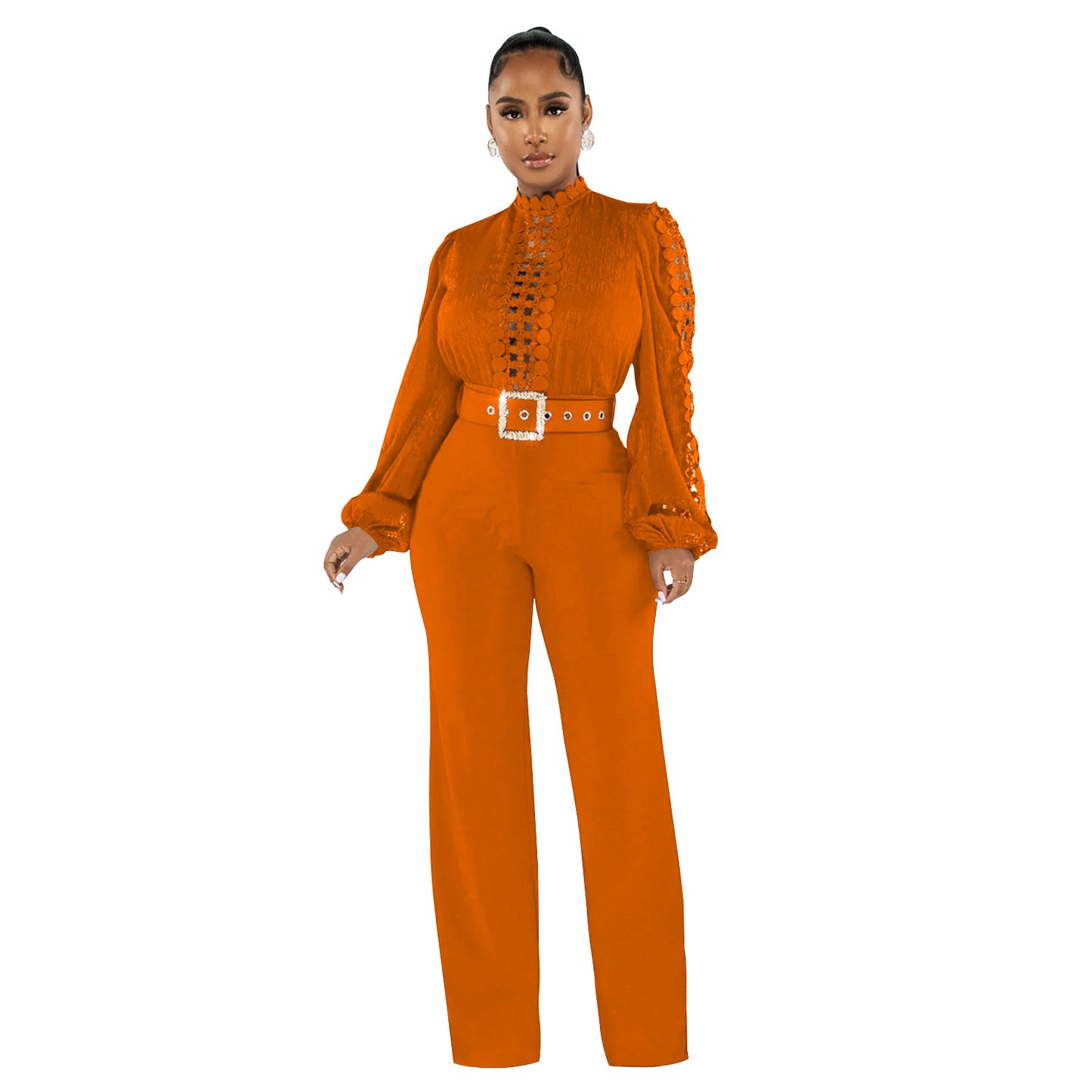 Solid Color Long Sleeve Belted Ruffle Cut-out Trousers Jumpsuit