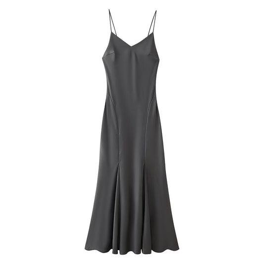 V-neck sleeveless gray suspender long dress for women