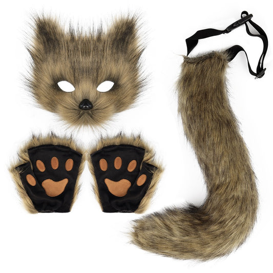 Halloween suit simulation fox mask gloves plush fox tail handmade animal tail cos prop accessories