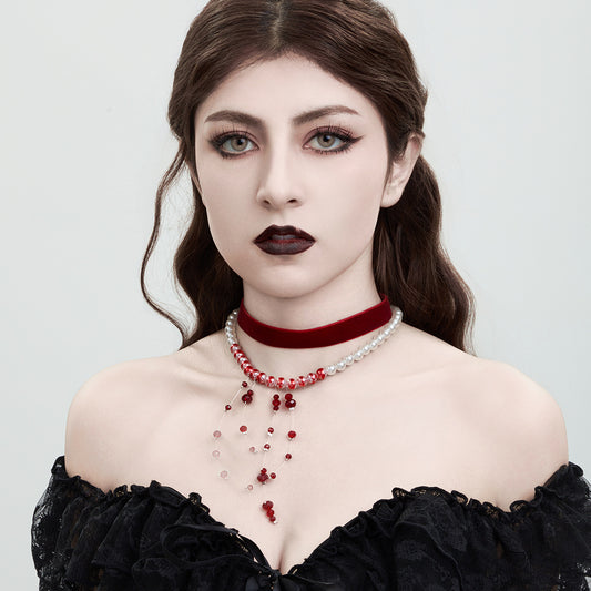 Gothic style pearl necklace choker Halloween blood drop tassel crystal collarbone chain