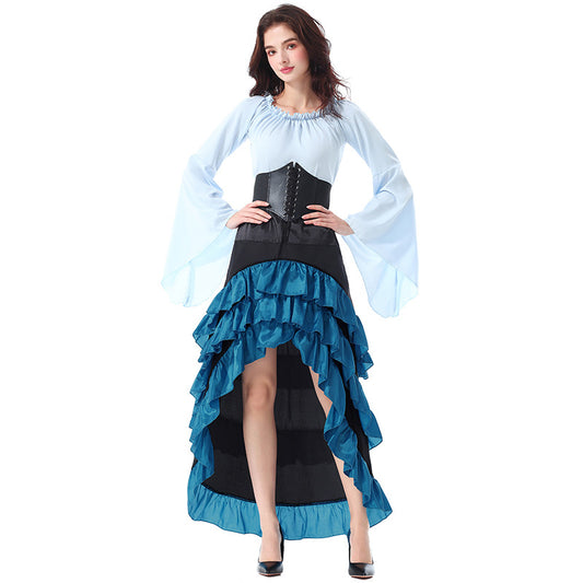 Ladies' Halloween Literary Front-Short Back-Long Ruffle Long Dress, Medieval Pirate Style Waist-Cinching Skirt