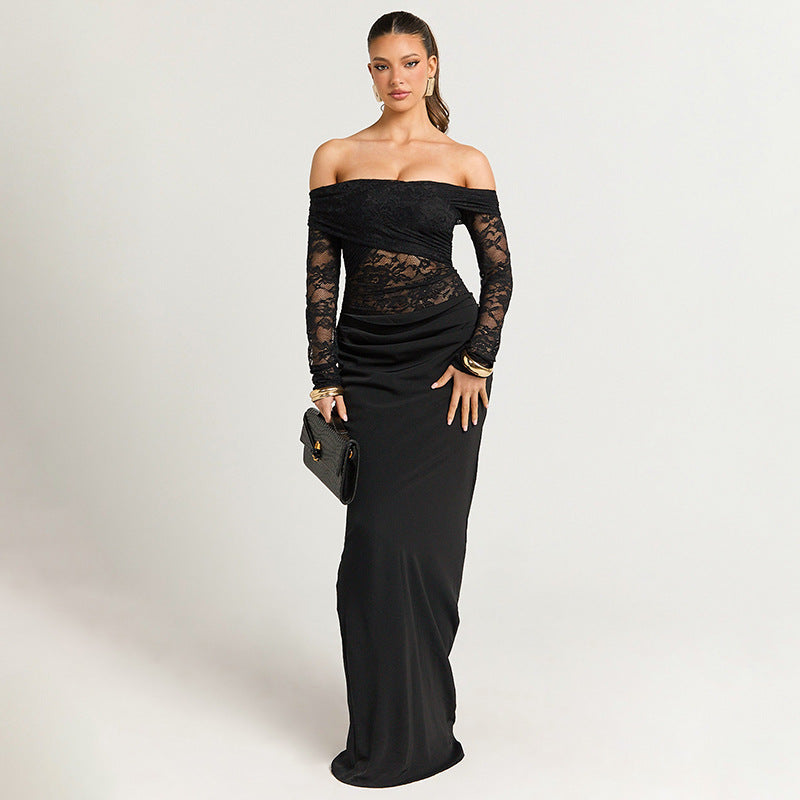 Solid Long Sleeve Off-the-Shoulder Dress with Lace Detail