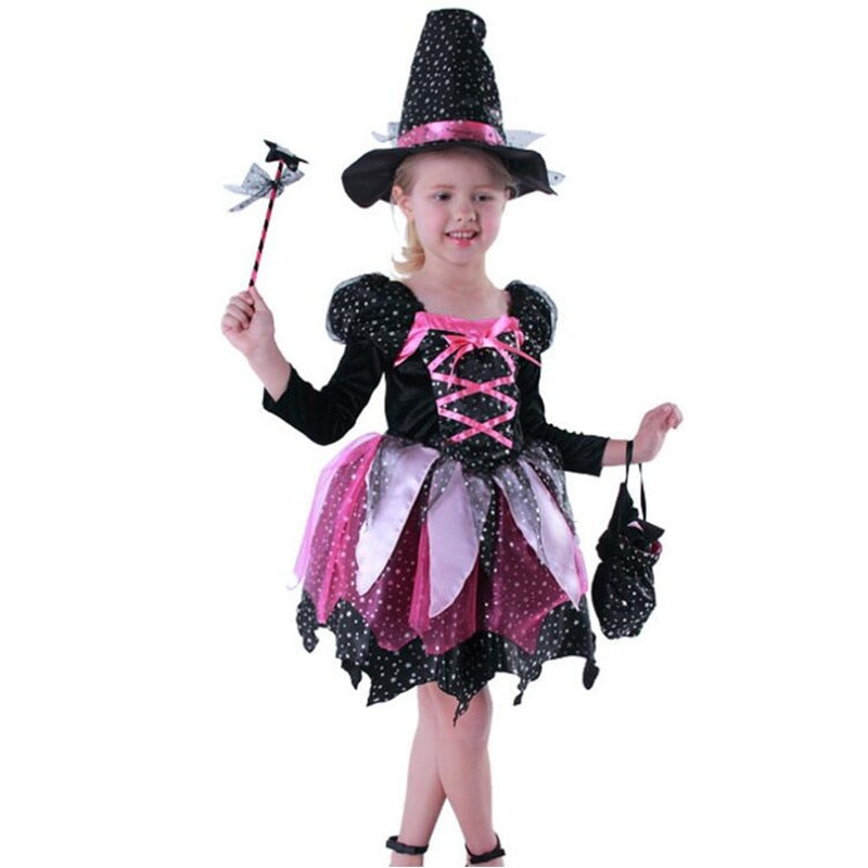 Girl Child LED Glow Light Witch Costume Cosplay Glowing Dress Carnival Birthday Party Gift Wizard Hat Halloween Costume for Kids