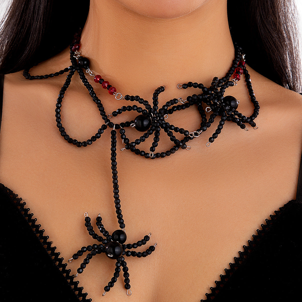 Dark style crystal woven spider necklace Halloween tassel large round bead collarbone chain
