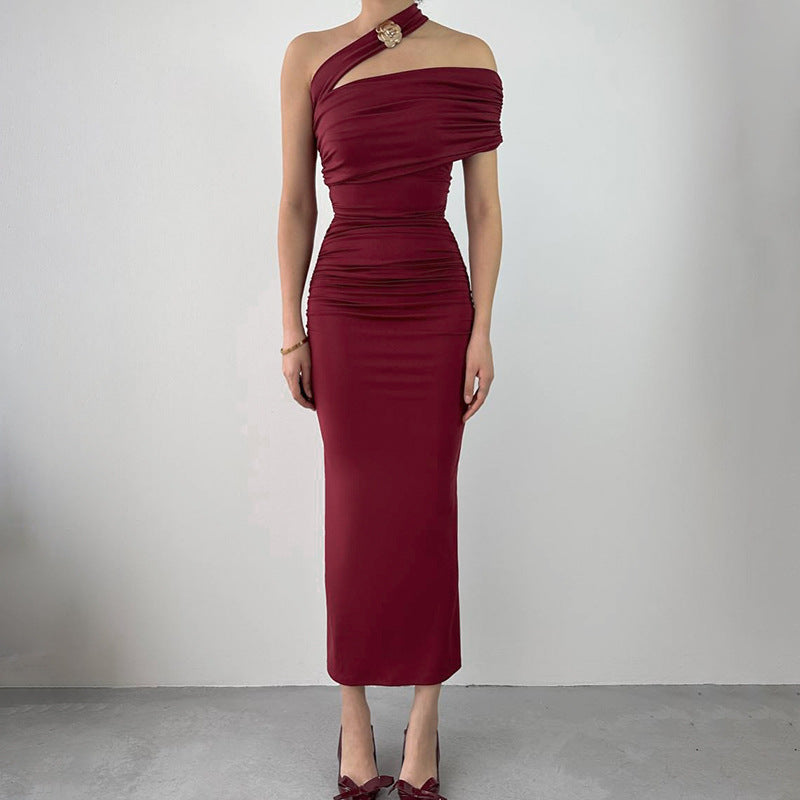 Slanted Shoulder Waist Dress for Women