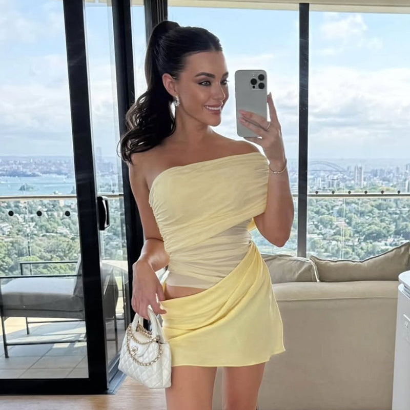 One shoulder mesh wrapped short skirt dress