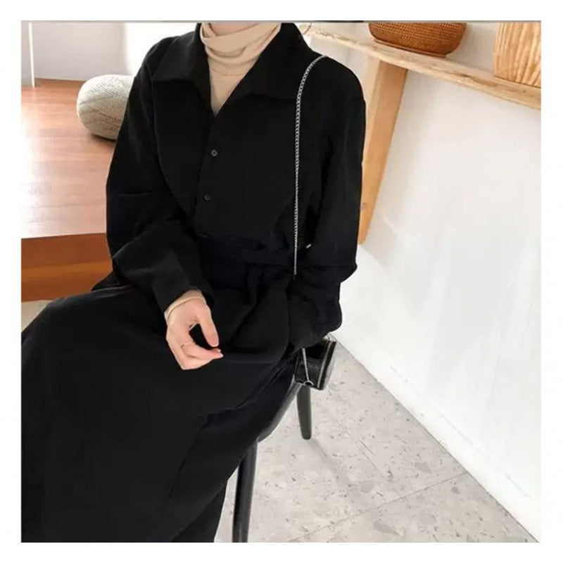Elegant Style Fitted Long Dress, Black Long Sleeve Shirt Dress for Women