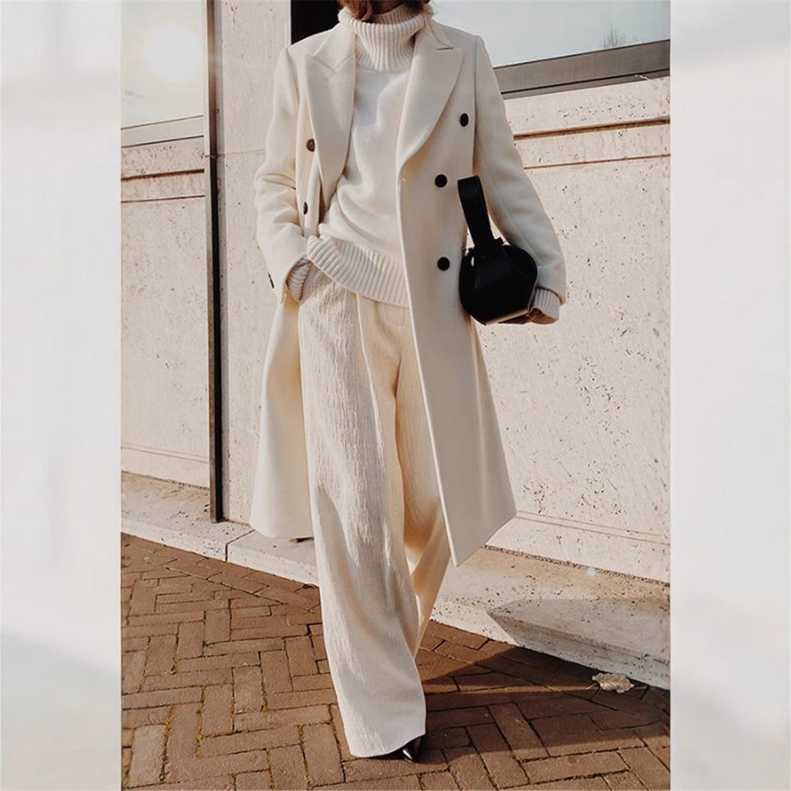 Elegant Double Breasted Long Coat – Women’s Slim Fit Fall Winter Overcoat