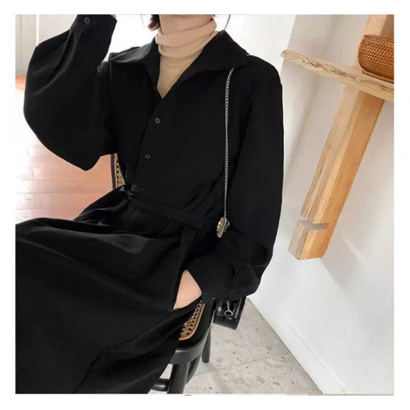Elegant Style Fitted Long Dress, Black Long Sleeve Shirt Dress for Women