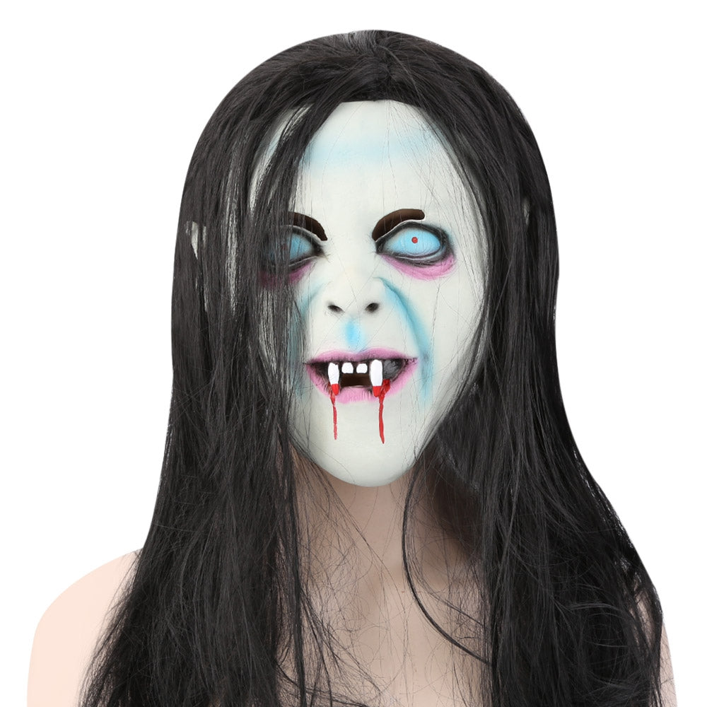 Horror Latex Ghost Mask with Wig – Scary Sadako Style Costume for Halloween Party & Masquerade