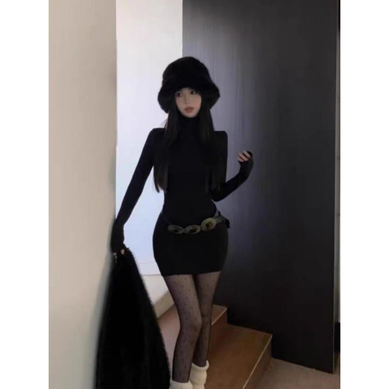 Half High Neck Black Dress for Women,Fitted Mini Dress, Bodycon Style, Slimming Inner Layer Dress