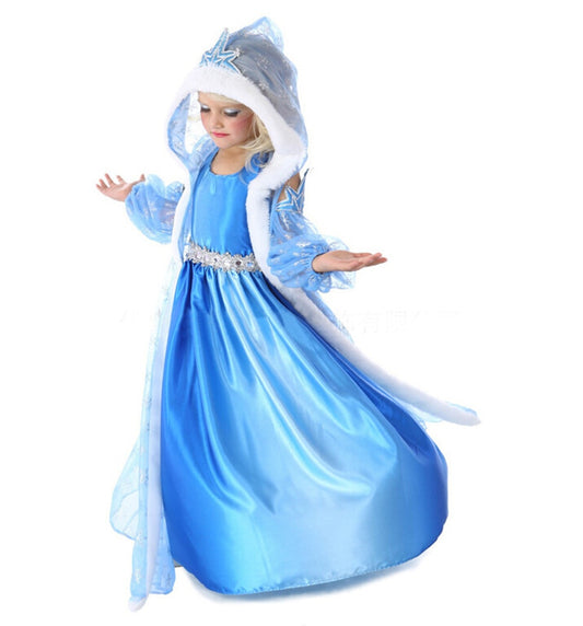 Girls Snow Queen Princess Costume – Elsa & Anna Hooded Cape Dress for Christmas or Halloween Party