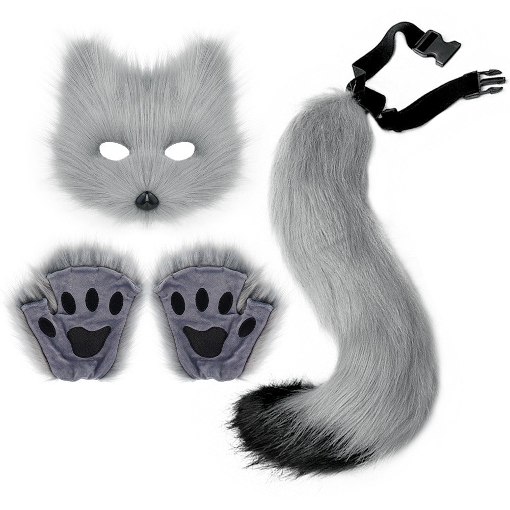 Halloween suit simulation fox mask gloves plush fox tail handmade animal tail cos prop accessories