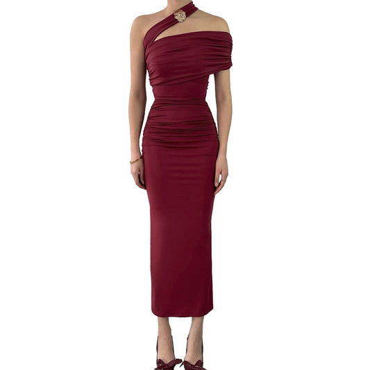 Slanted Shoulder Waist Dress for Women